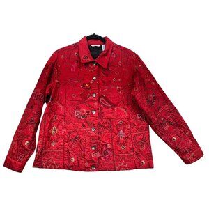Laura Ashley Womens Embroidered Quilted Jacket L Red Stain Designed